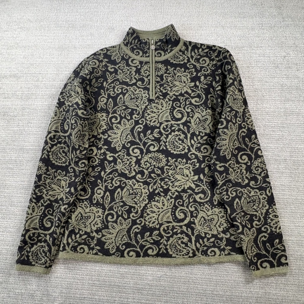 Vintage Neve Designs Wool Sweater Womens S Green 1/4 Zip Floral Damask Pattern